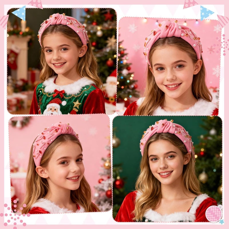 PANTIDE Christmas Jeweled Knotted Headband - Xmas Candy Cane Rhinestone Crystal Pearl Embellished Headband None Slip Wide Top Knot Fashion Hairband Hair Accessories Birthday Gift for Women Girl (Pink) - Image 5